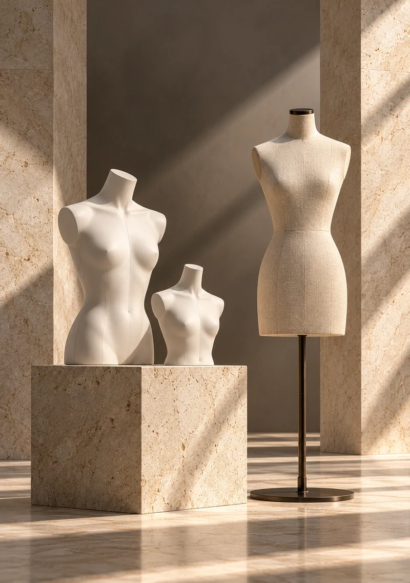 AI concept of sculptural busts and a fabric-covered dress form