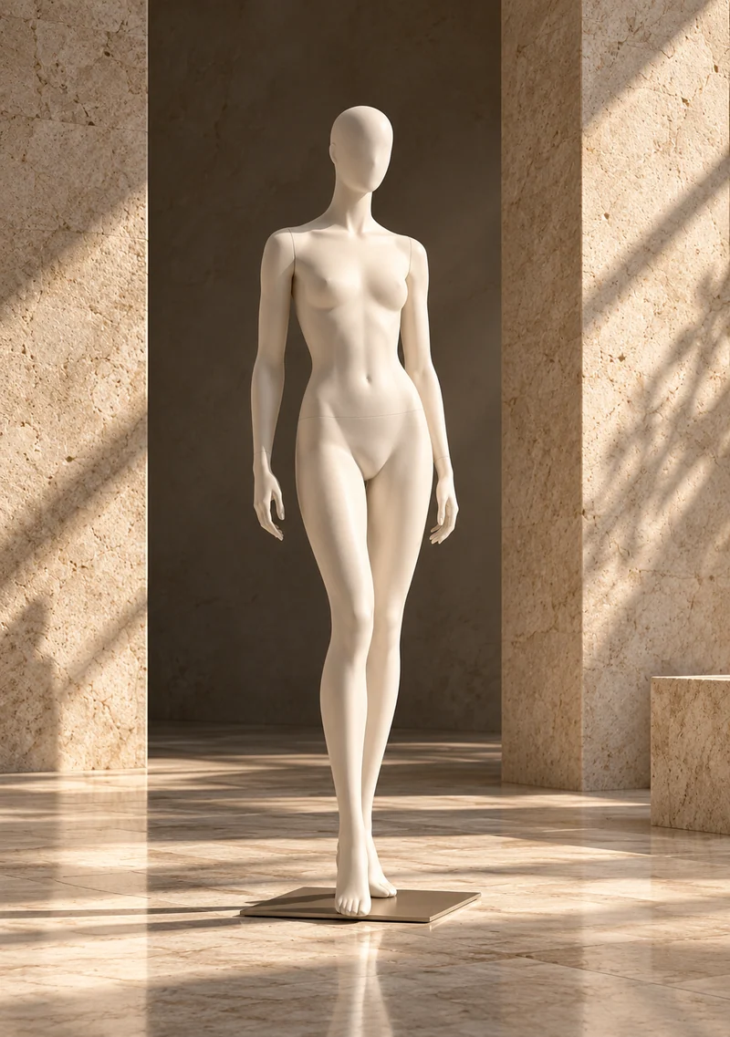 AI concept of a full-body mannequin in a sunlit stone gallery