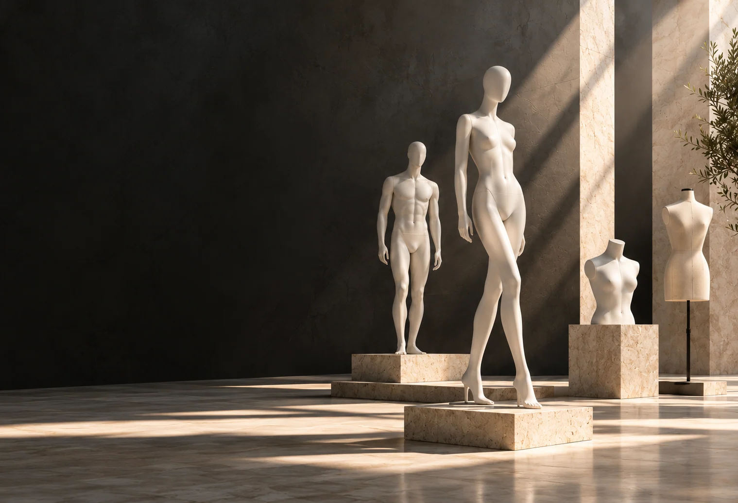 AI concept showroom: sculptural mannequins and dress forms in a sunlit architectural gallery