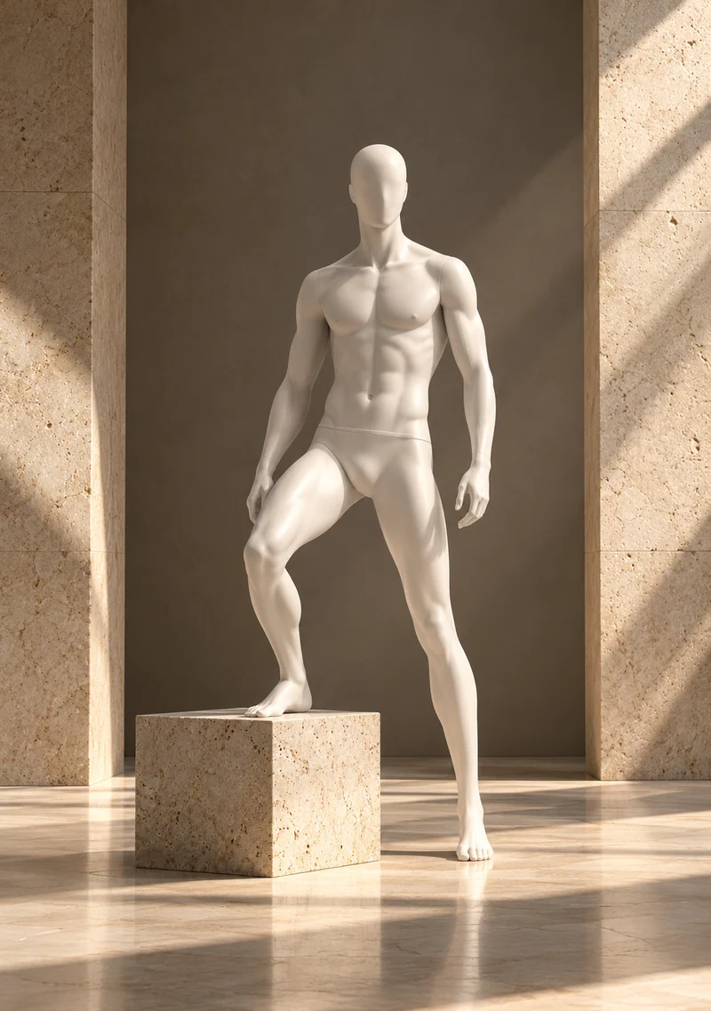 AI concept of an athletic mannequin posed on a stone plinth